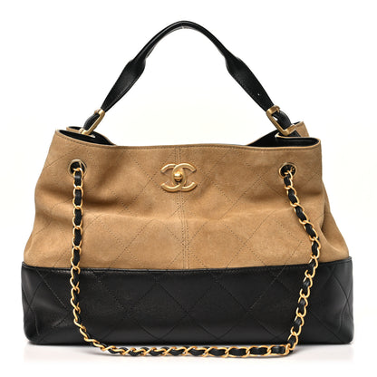 Chanel Suede Calfskin Shiny Lambskin Quilted Small Coco Base Shopping Bag Beige Black 1 of 10