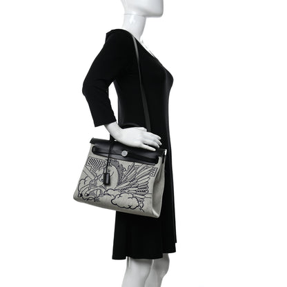 Hermes Vache Hunter Toile H Pegase Pop Herbag Zip Retourne 31 PM Bleu Indigo Ecru Black 2 of 13
