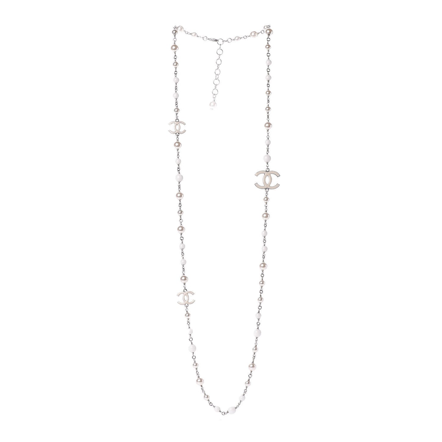 Enamel Beaded Pearl CC Long Necklace Silver Ivory