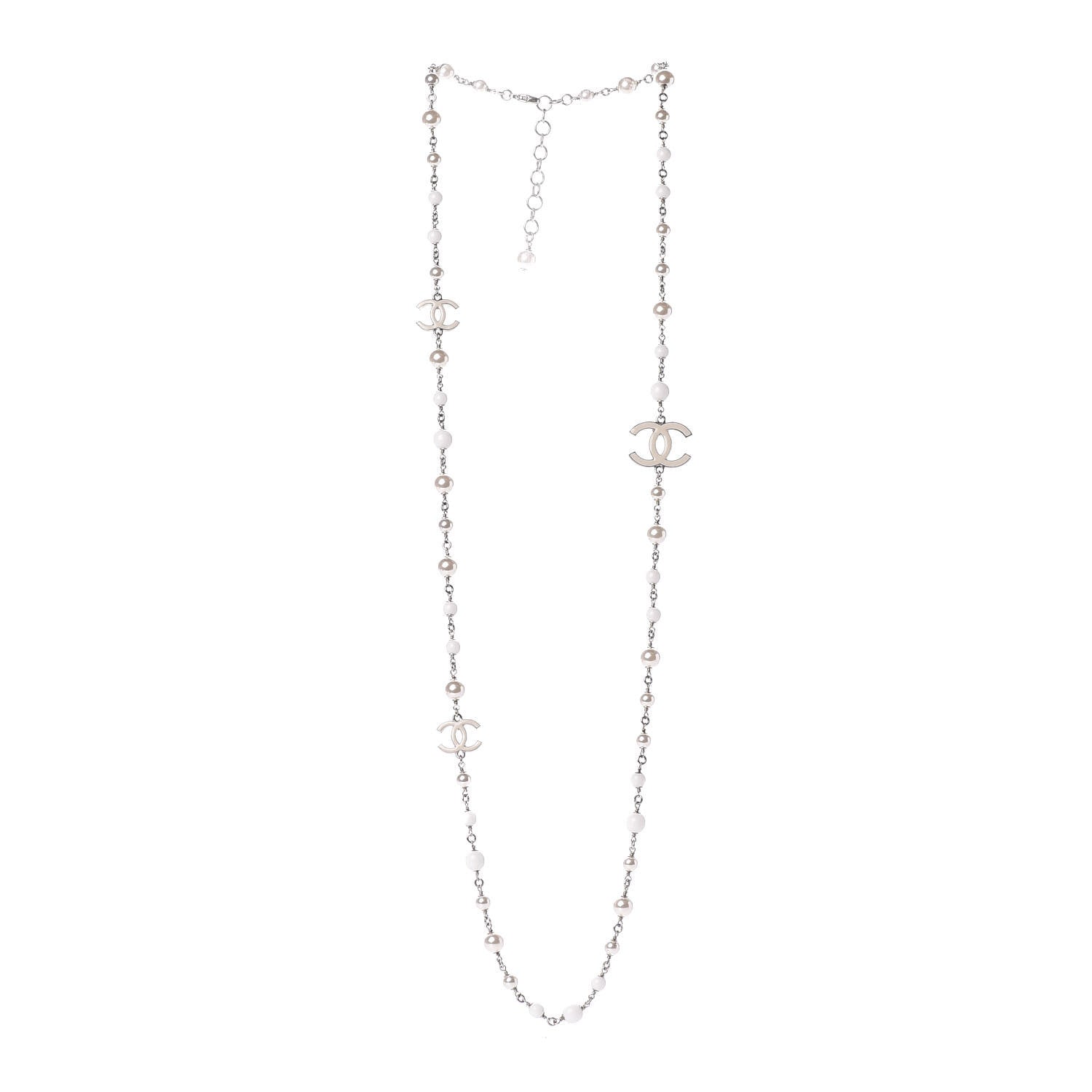 Chanel Enamel Beaded Pearl CC Long Necklace Silver Ivory 2 of 5