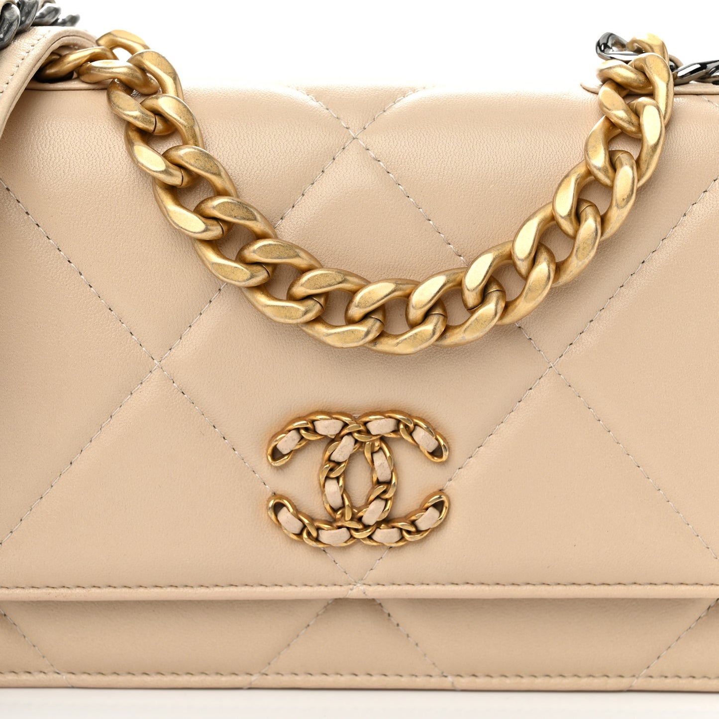 Goatskin Quilted Chanel 19 Wallet On Chain WOC Beige