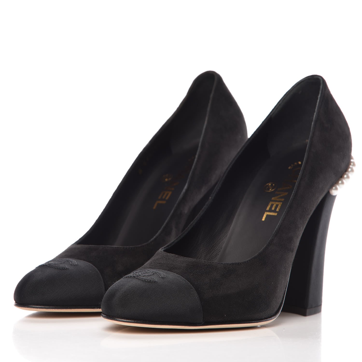 Chanel Suede Grosgrain Pearl CC Cap Toe Pump 39.5 Black 3 of 9