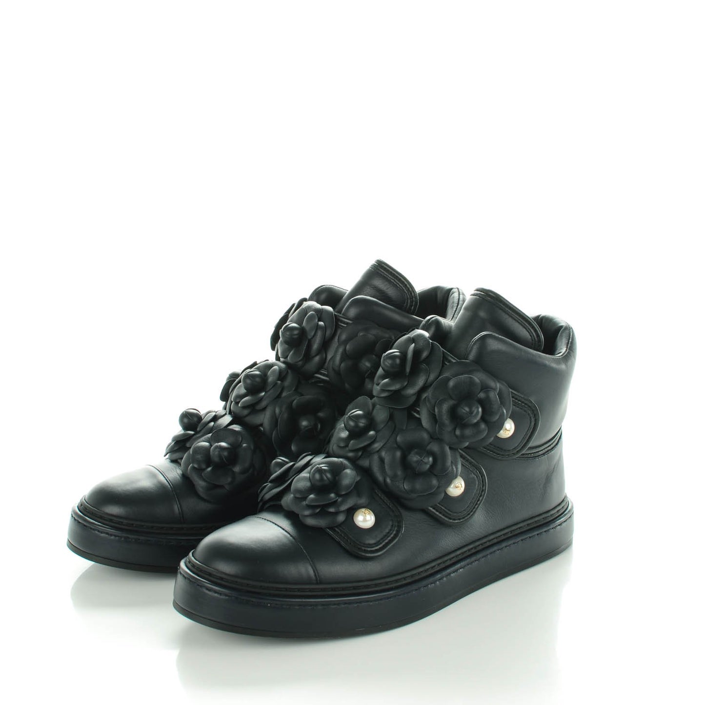 Calfskin Pearl Camellia High Top Sneakers 38.5 Navy
