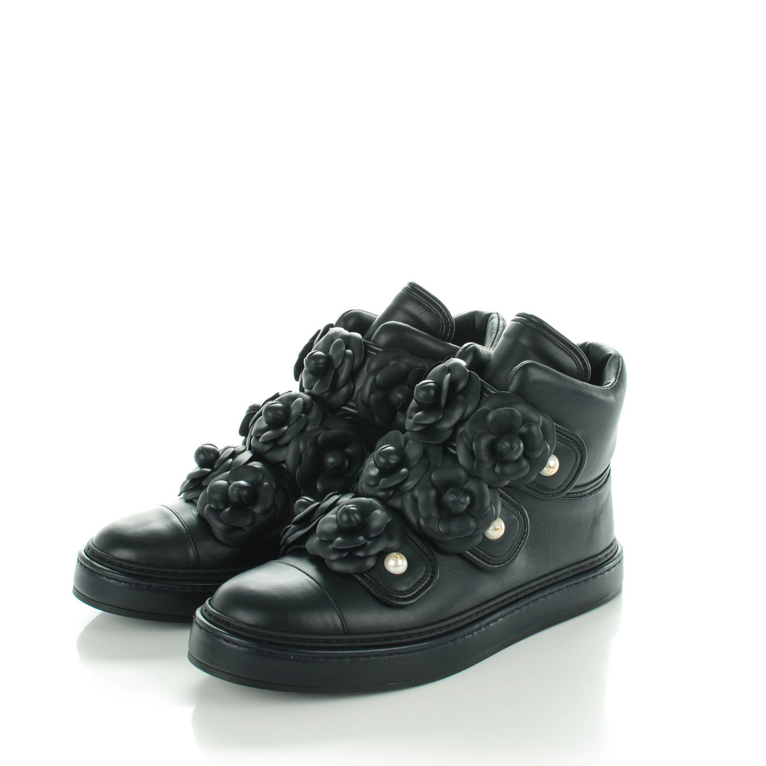 Chanel Calfskin Pearl Camellia High Top Sneakers 38.5 Navy 3 of 8