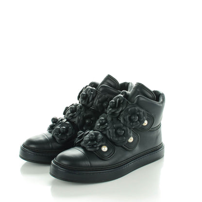 Chanel Calfskin Pearl Camellia High Top Sneakers 38.5 Navy 3 of 8