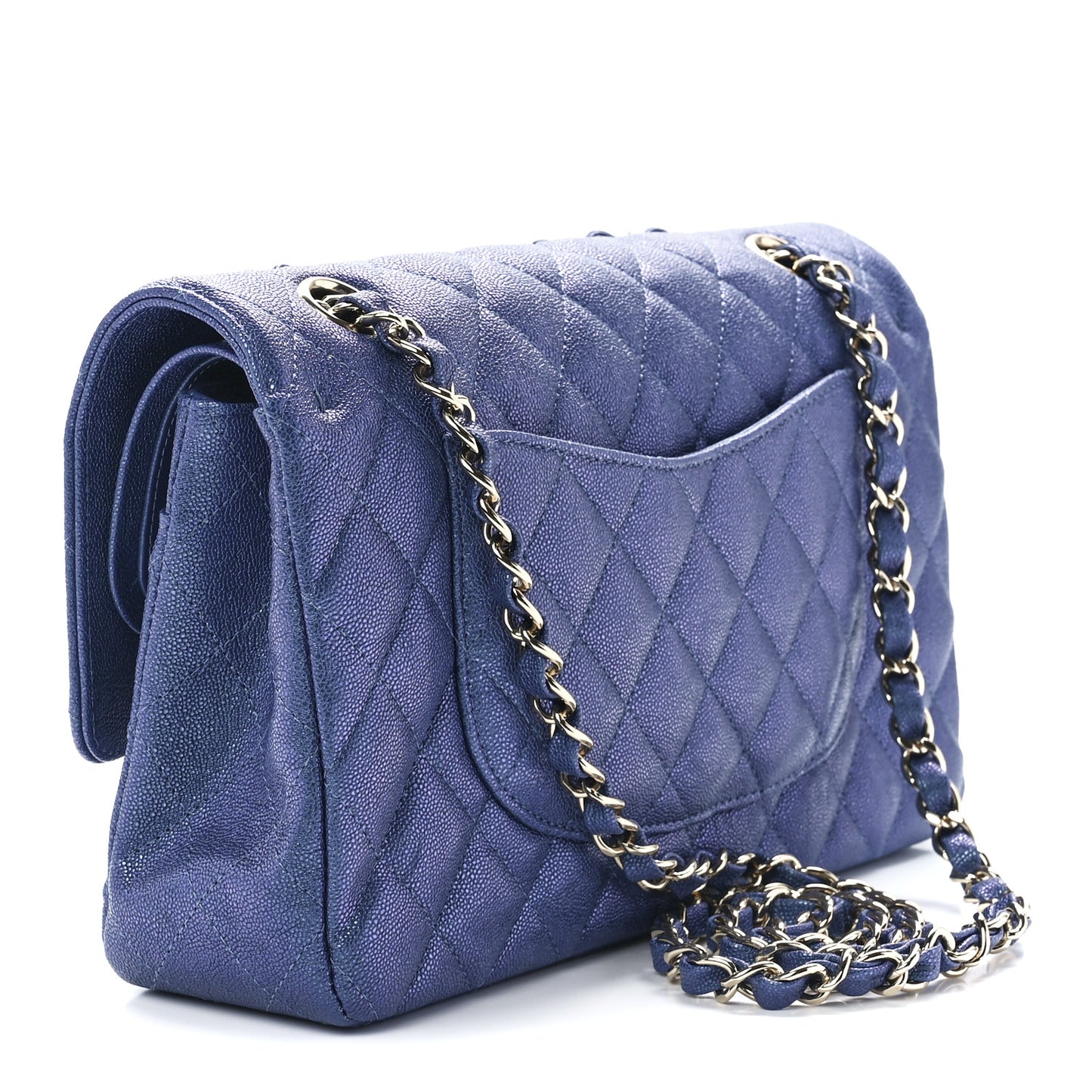 Iridescent Caviar Quilted Medium Double Flap Dark Blue