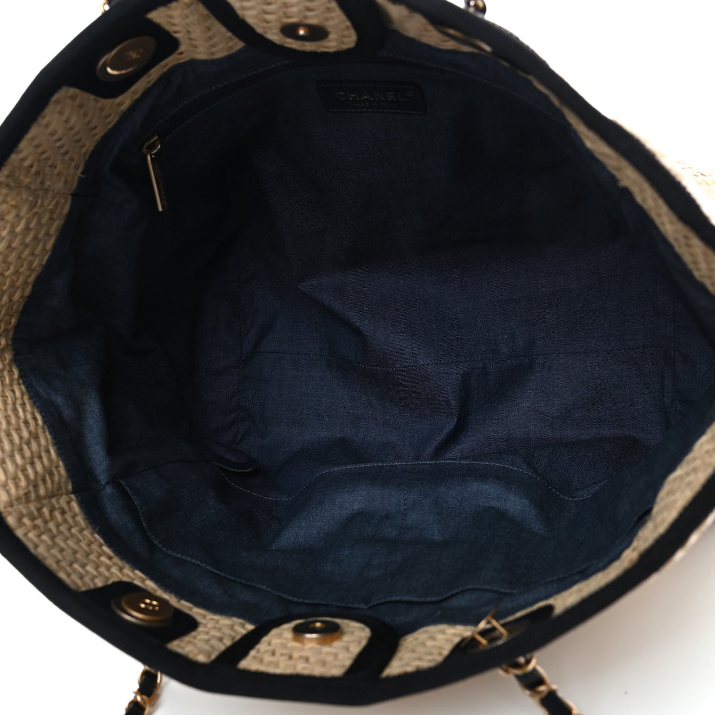 Straw Raffia Calfskin Chain Small Deauville Tote Beige Black