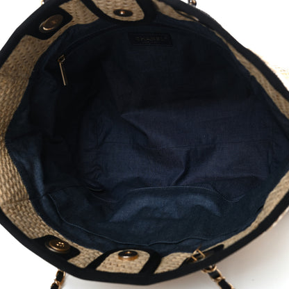 Chanel Straw Raffia Calfskin Chain Small Deauville Tote Beige Black 4 of 5