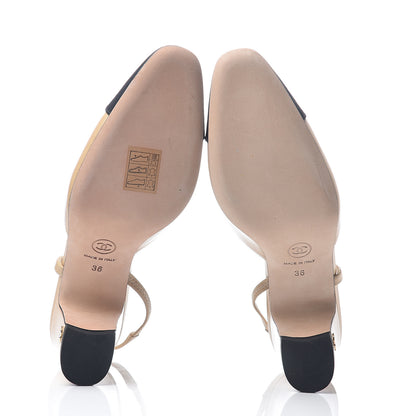 Chanel Goatskin Grosgrain Cap Toe CC Slingback Pumps 36 Beige Black 7 of 7
