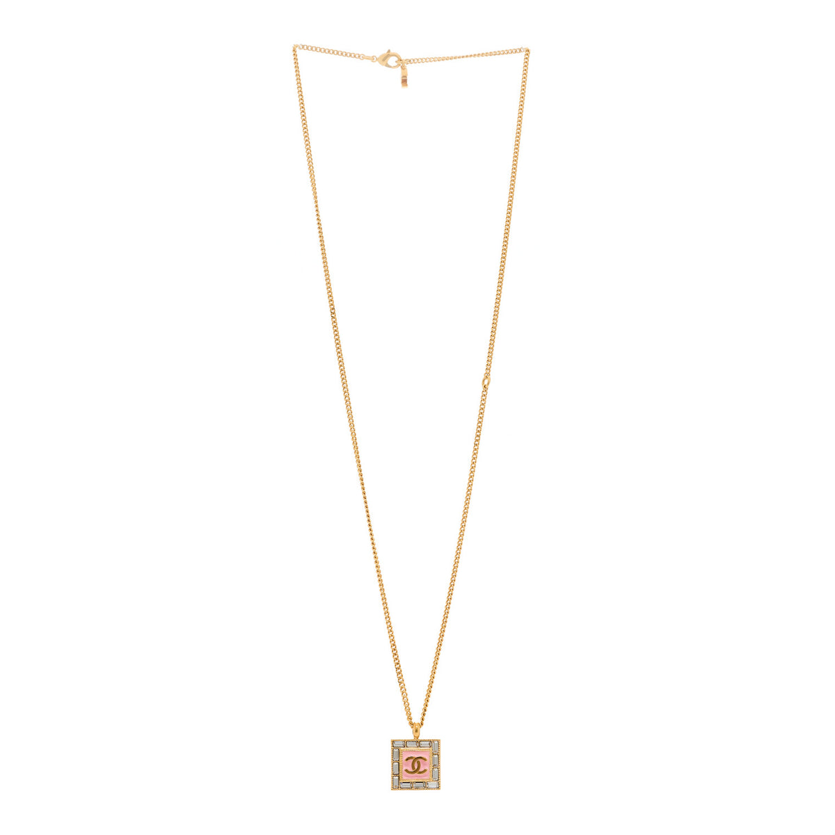 Chanel Crystal Baguette CC Pendant Necklace Pink Gold 3 of 4