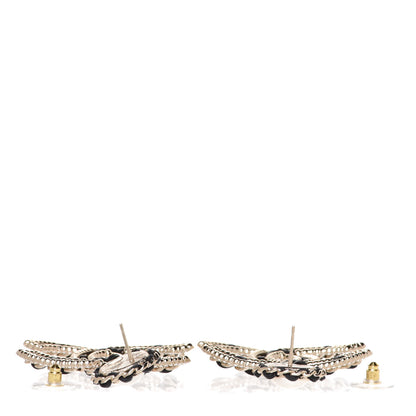 Chanel Pearl Lambskin Crystal Chain CC Drop Earrings Black Gold 3 of 5