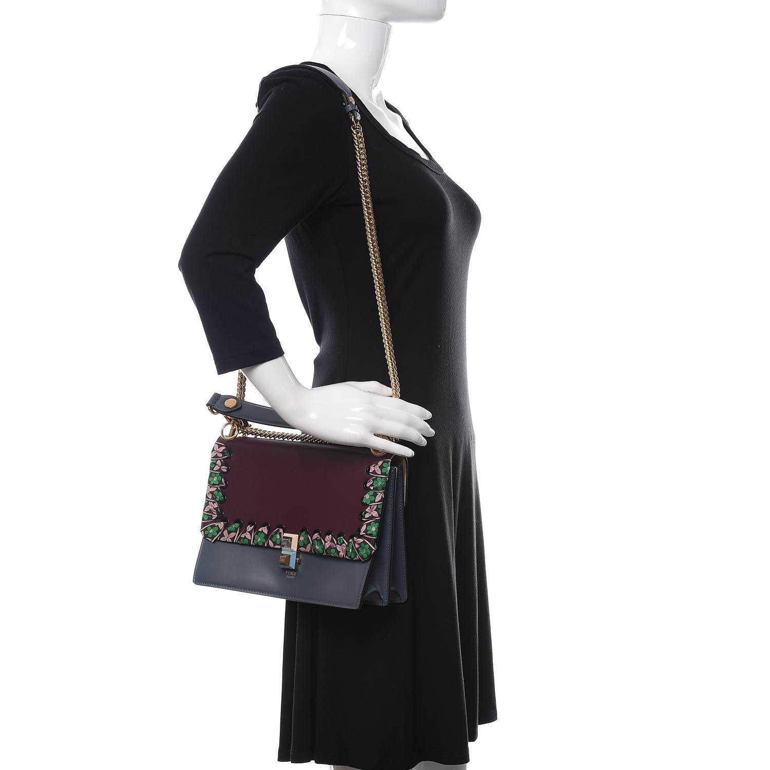 Fendi Calfskin Ribbon Lace Up Kan I Shoulder Bag Bordeaux Blue 2 of 10
