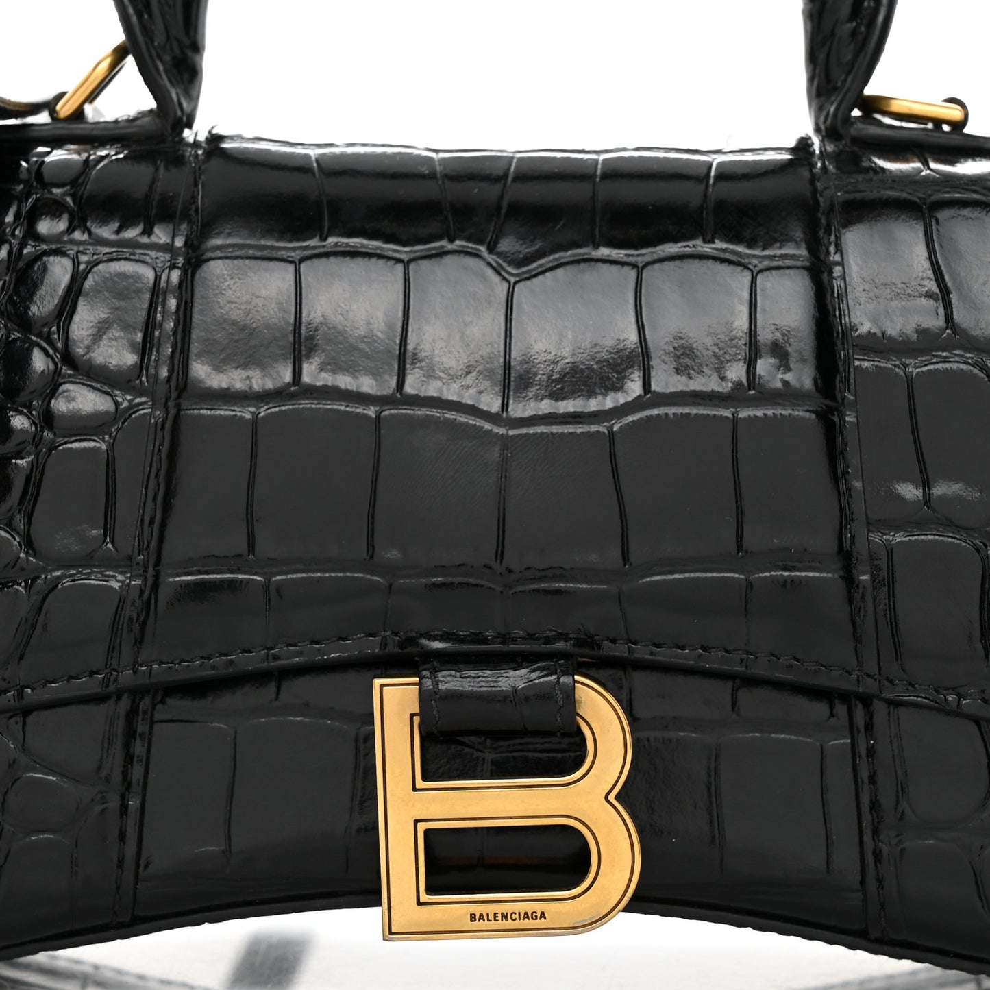 Shiny Calfskin Crocodile Embossed Hourglass Top Handle Bag XS Black