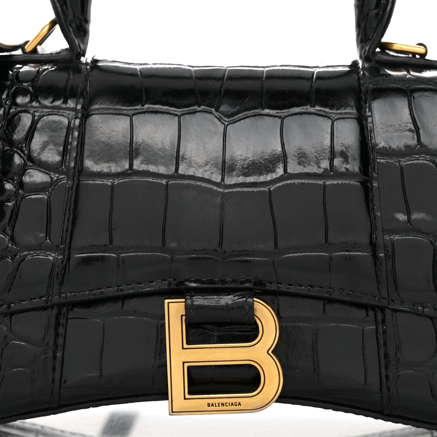 Balenciaga Shiny Calfskin Crocodile Embossed Hourglass Top Handle Bag XS Black 9 of 11