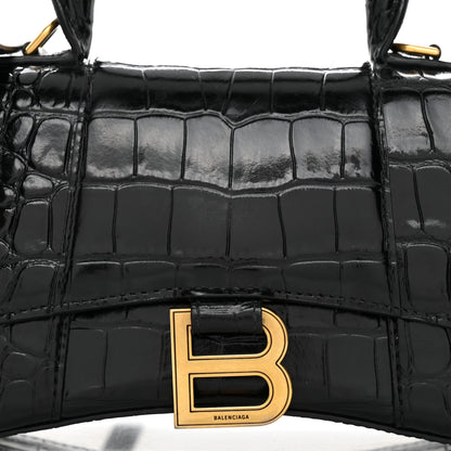 Balenciaga Shiny Calfskin Crocodile Embossed Hourglass Top Handle Bag XS Black 9 of 11