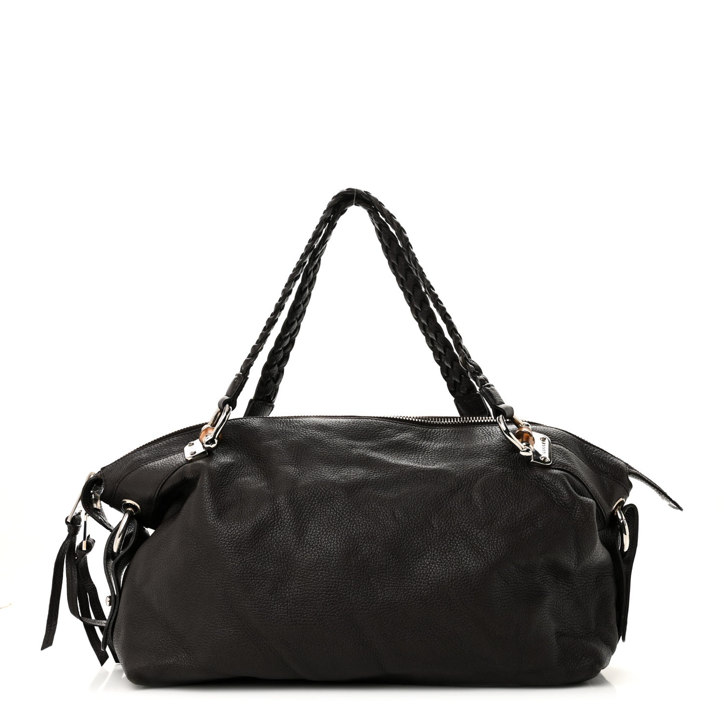 Pebbled Calfskin Large Bamboo Bar Tassel Shoulder Bag Dark Brown