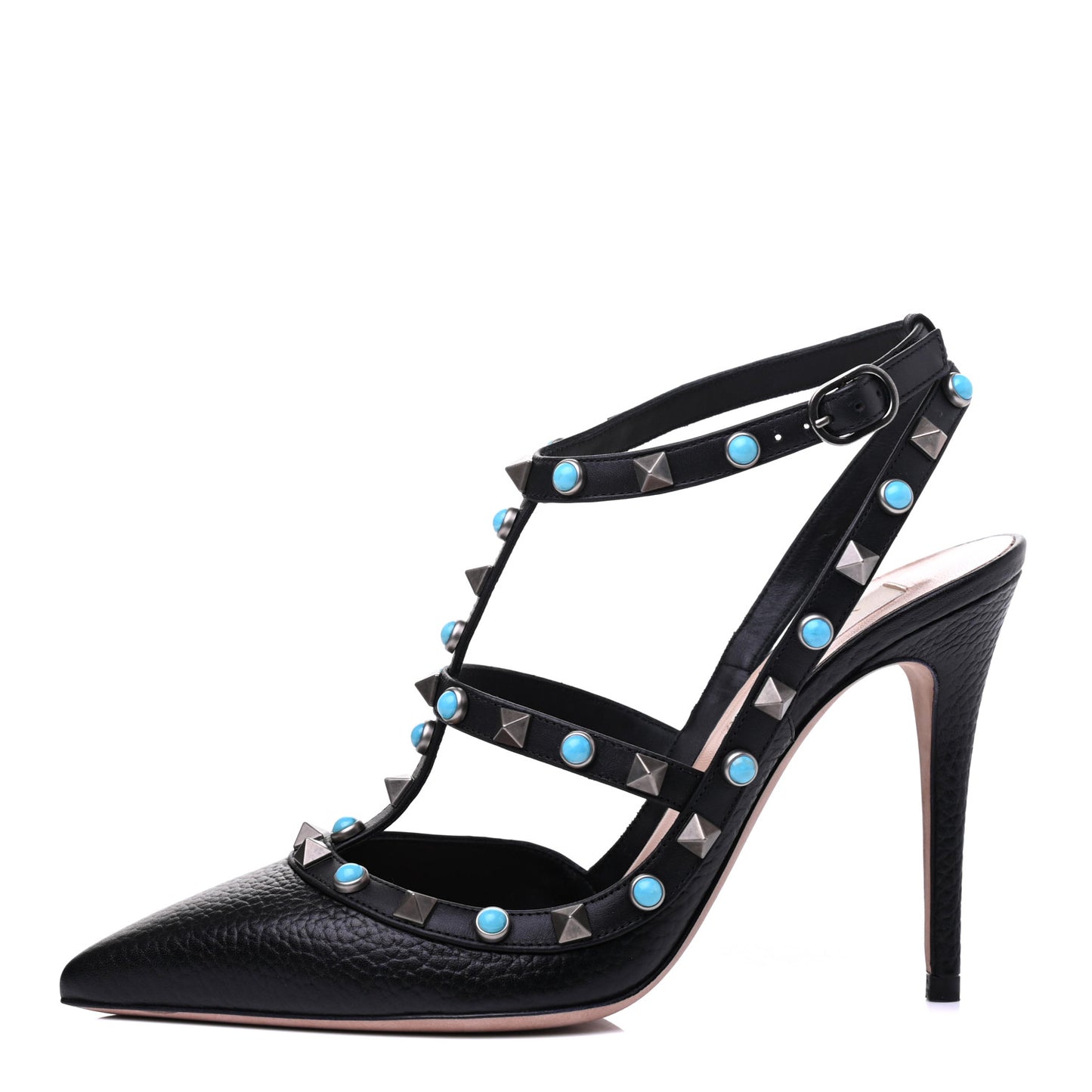 Pebbled Calfskin Turquoise Rockstud Rolling Ankle Strap 100mm Pumps 37 Black