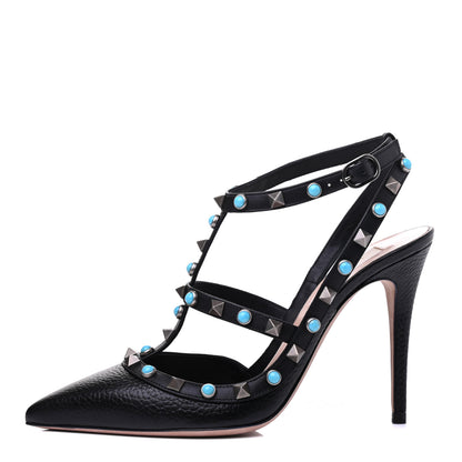 Valentino Garavani Pebbled Calfskin Turquoise Rockstud Rolling Ankle Strap 100mm Pumps 37 Black 1 of 8