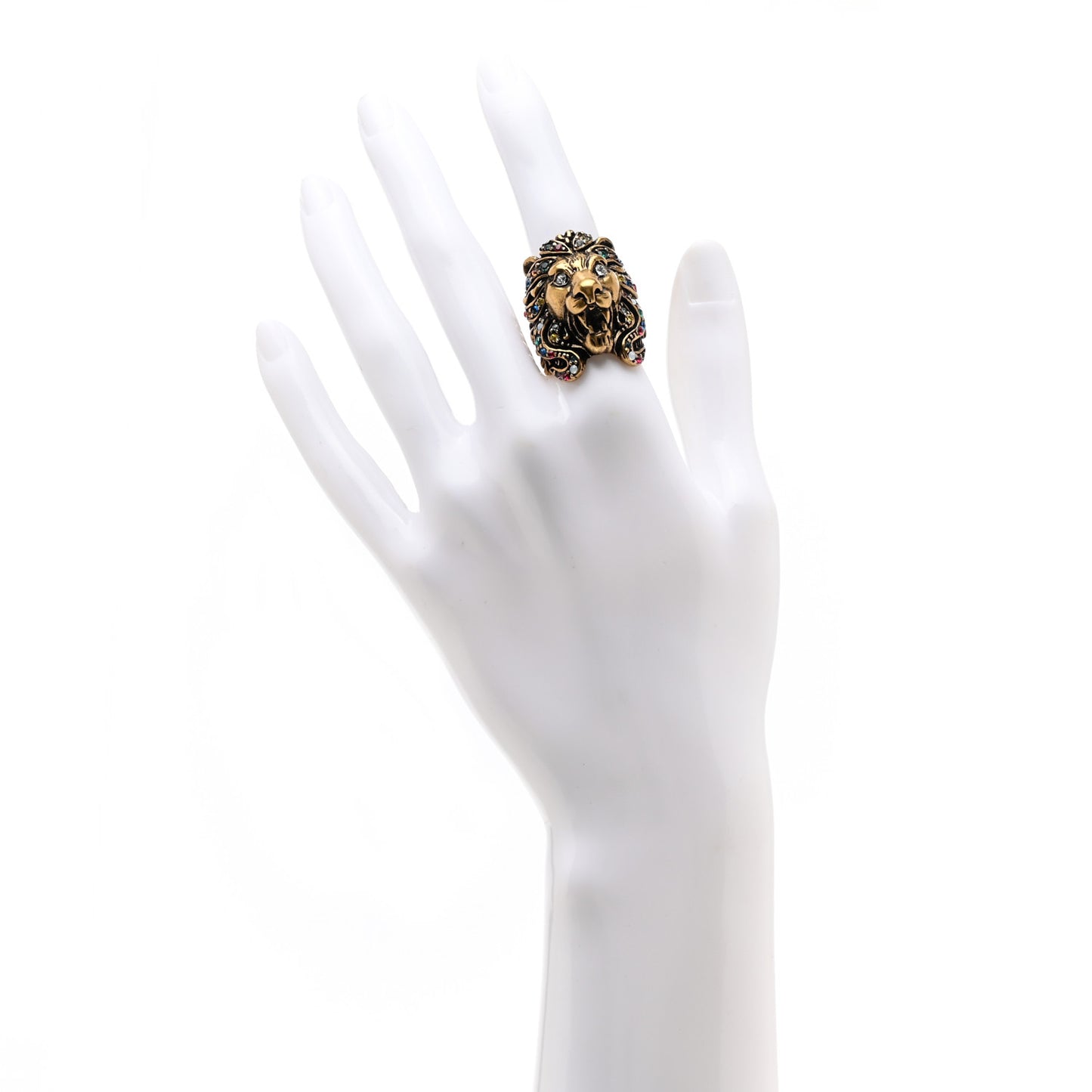 Metal Crystal Lion Head Ring 13 Aged Gold