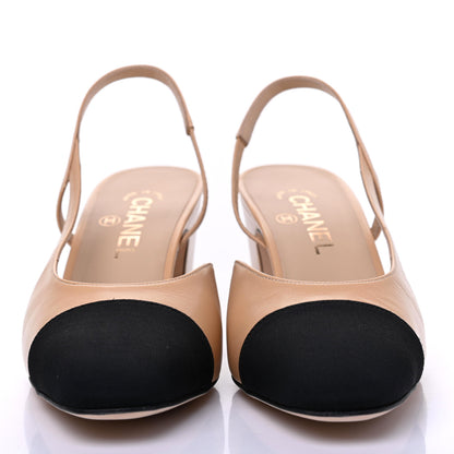 Chanel Goatskin Grosgrain Cap Toe CC Slingback Pumps 39.5 Beige Black 2 of 11