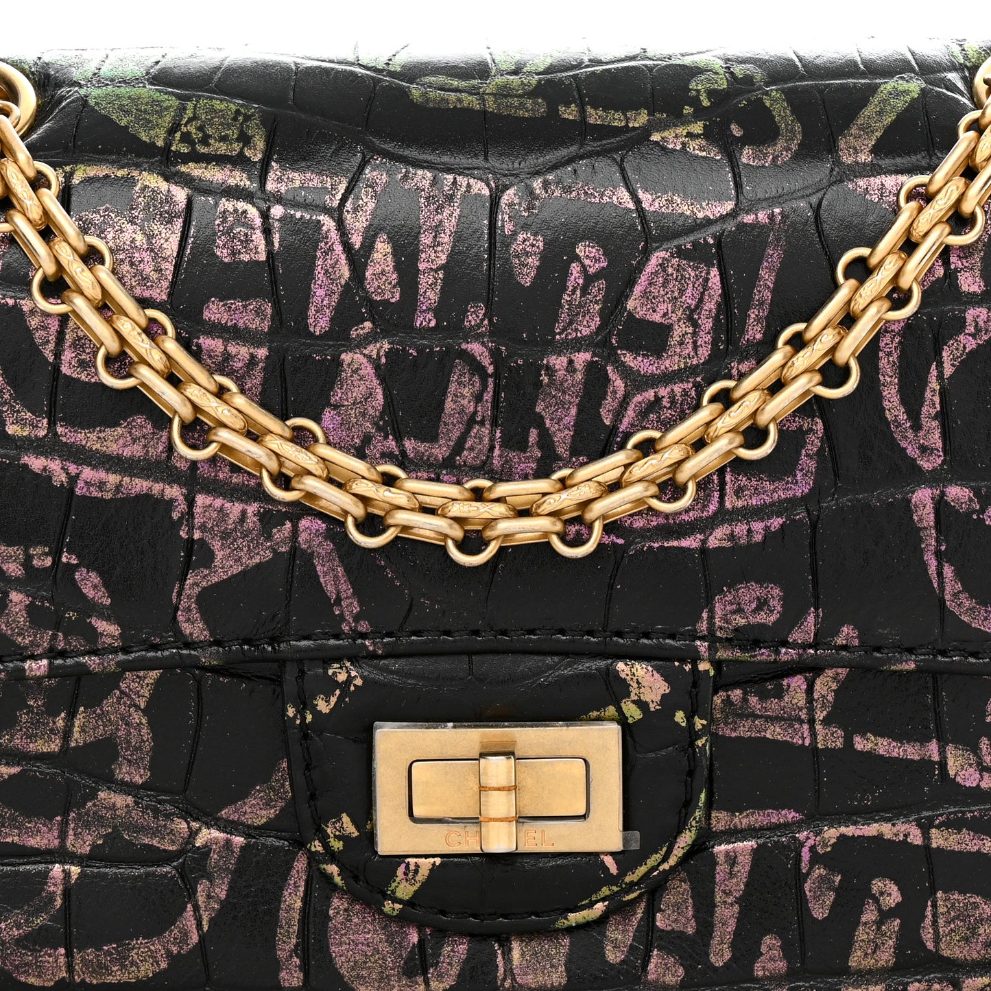 Calfskin Crocodile Embossed Graffiti 2.55 Mini Cocodile Reissue Flap Black Pink