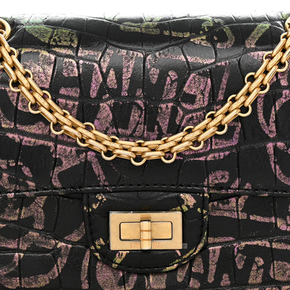 Chanel Calfskin Crocodile Embossed Graffiti 2.55 Mini Cocodile Reissue Flap Black Pink 8 of 12
