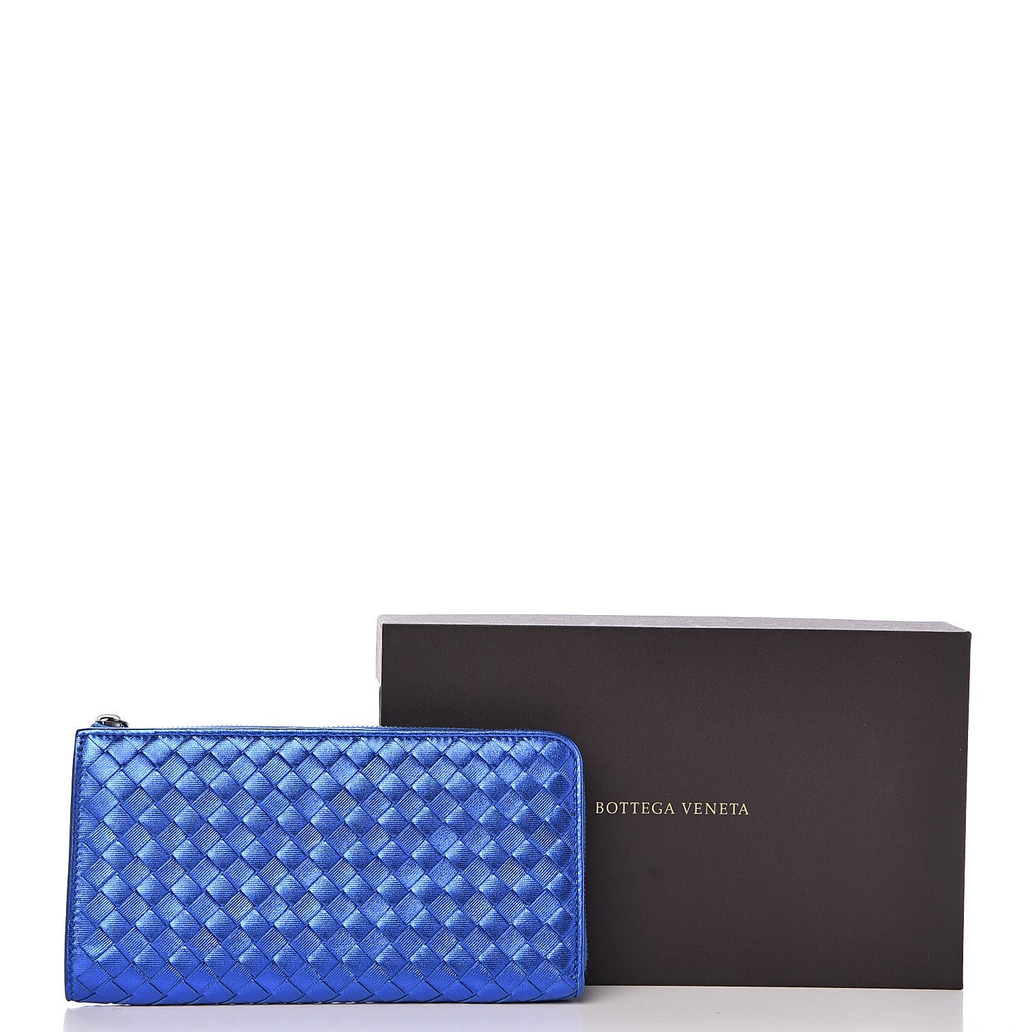 Bottega Veneta Metallic Grosgrain Intrecciato Zip Around Wallet Cobalt 9 of 9