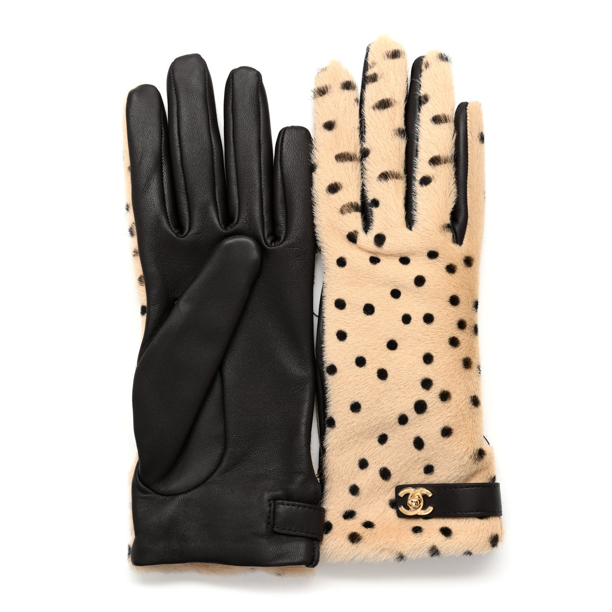 Chanel Lambskin Ponyhair Gloves 7.5 Beige Black 2 of 5