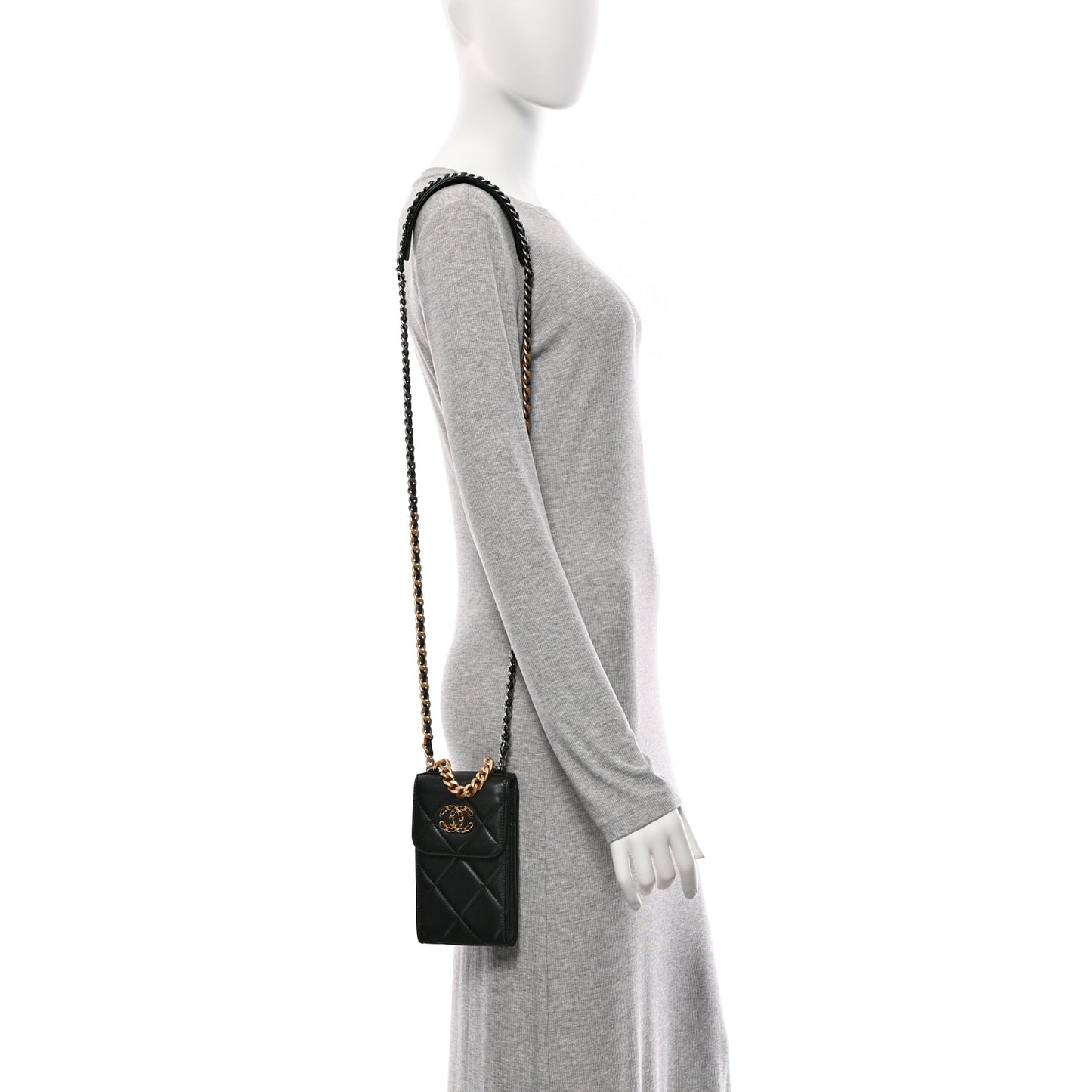Lambskin Quilted Chanel 19 Phone Holder With Chain Black