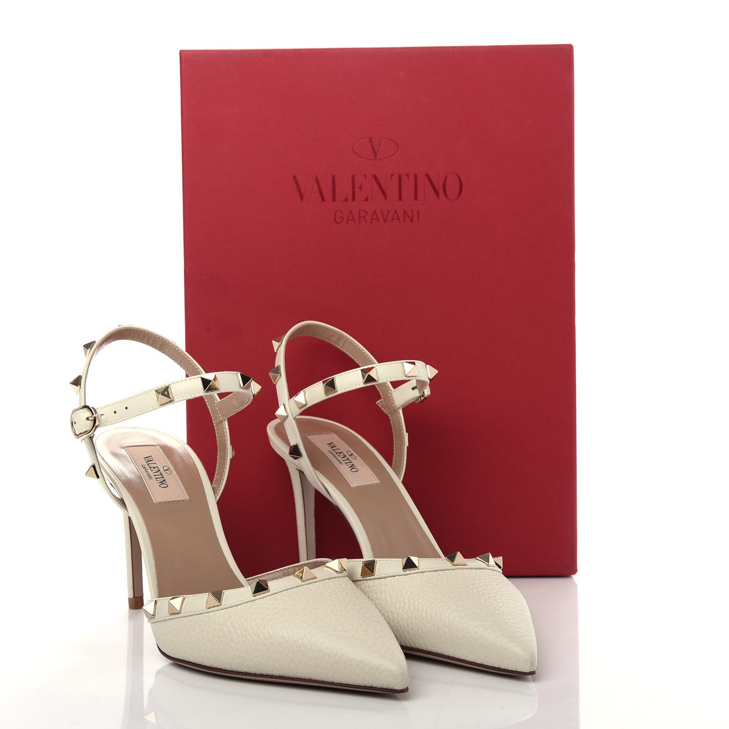Pebbled Calfskin Rockstud Ankle Strap Pumps 39.5 Ivory