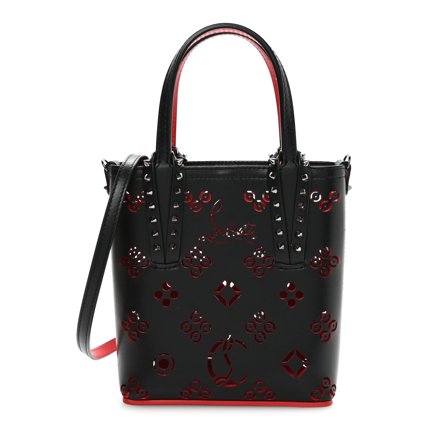 Calfskin Loubinthesky Perforated Spikes Mini North South Cabata Tote Black