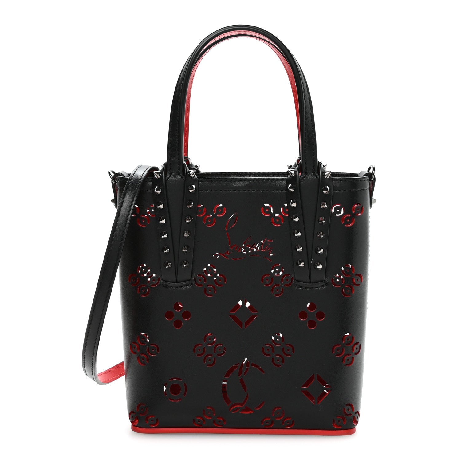 Christian Louboutin Calfskin Loubinthesky Perforated Spikes Mini North South Cabata Tote Black 1 of 11