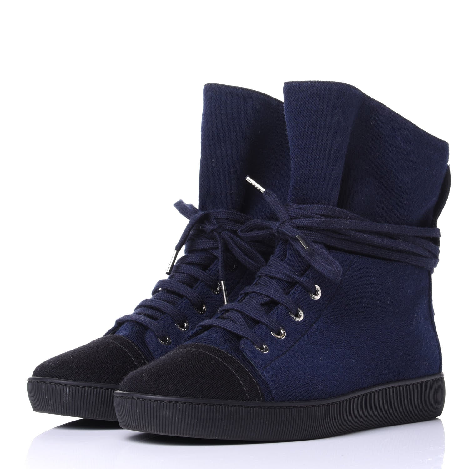 Chanel Jersey Lace Up High Top Sneakers 38.5 Black Navy 3 of 10