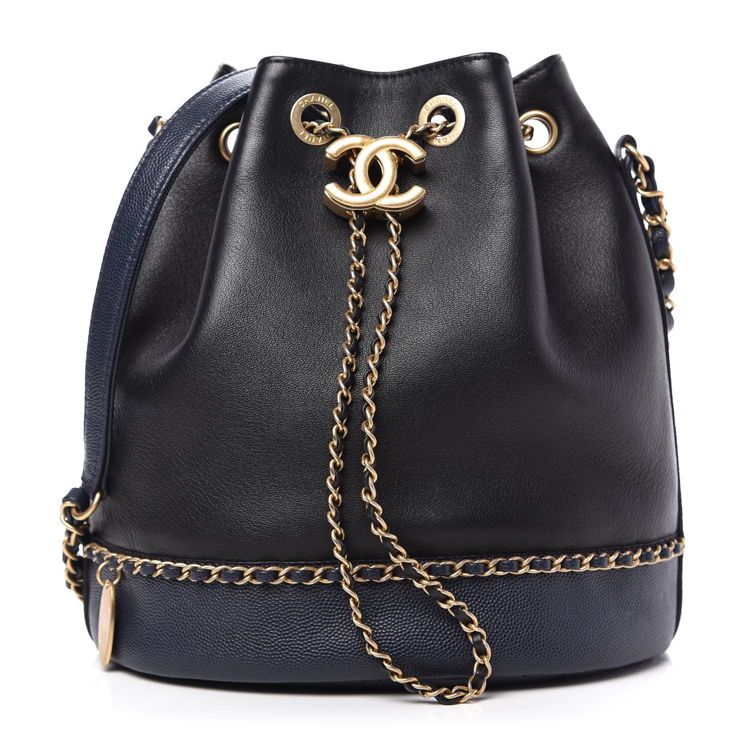 Chanel Lambskin Caviar Lovely Chains Drawstring Bag Black Dark Blue 1 of 12