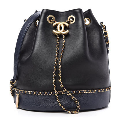 Chanel Lambskin Caviar Lovely Chains Drawstring Bag Black Dark Blue 1 of 12