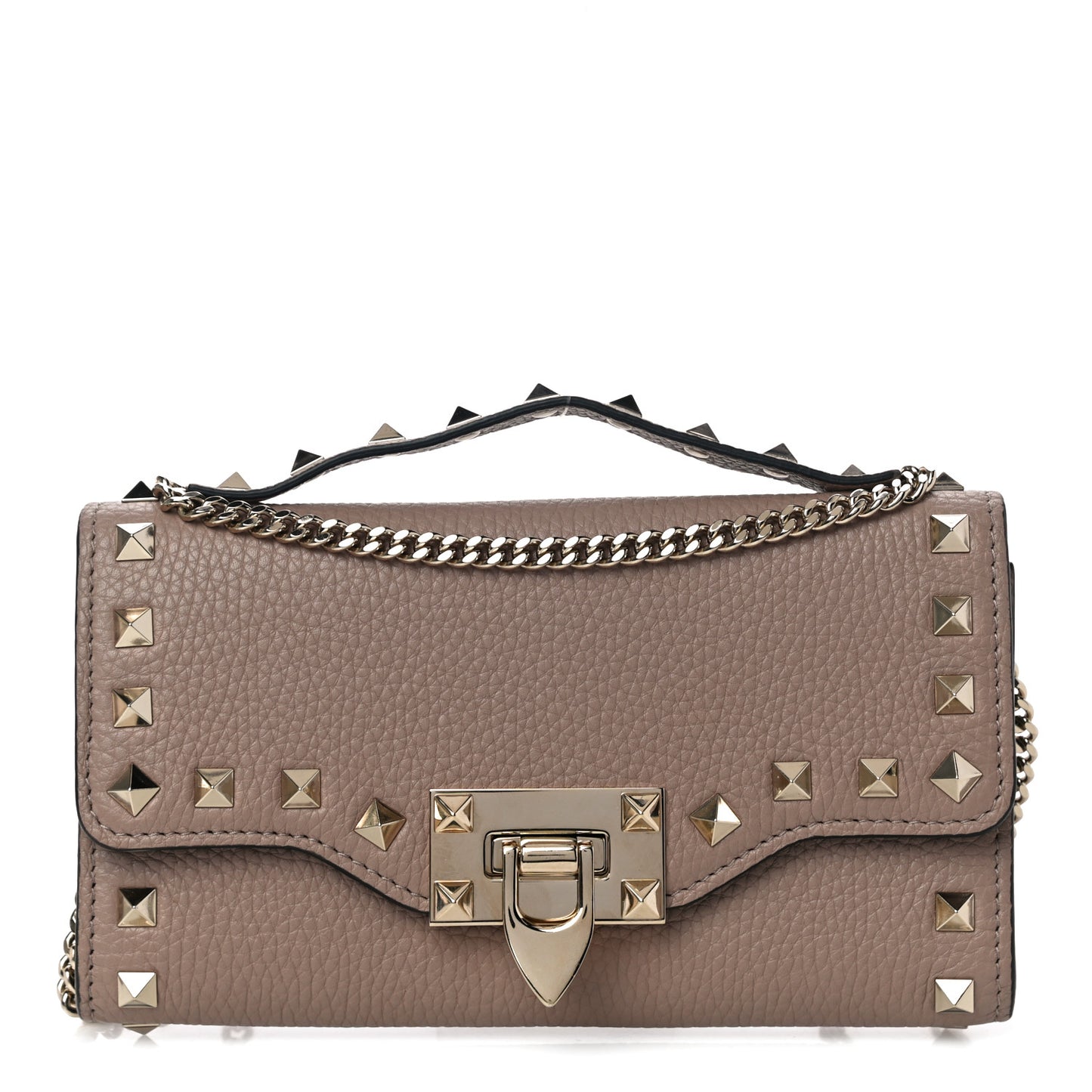 Pebbled Calfskin Rockstud Flip Lock Wallet On Chain Poudre