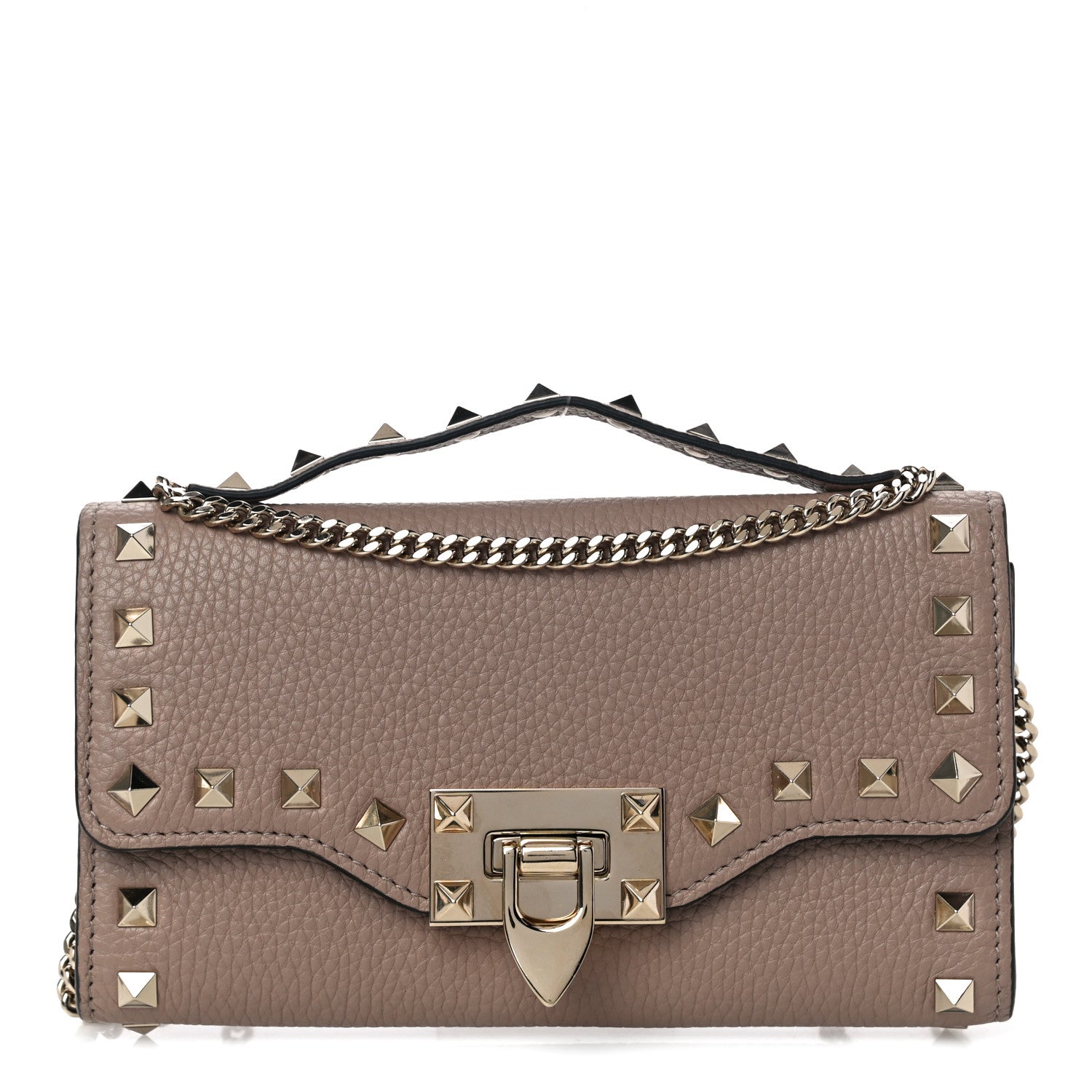 Valentino Garavani Pebbled Calfskin Rockstud Flip Lock Wallet On Chain Poudre 1 of 9