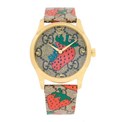 Gucci Stainless Steel Canvas 38mm G-Timeless GG Supreme Strawberry Quartz Watch Brown 1 of 4