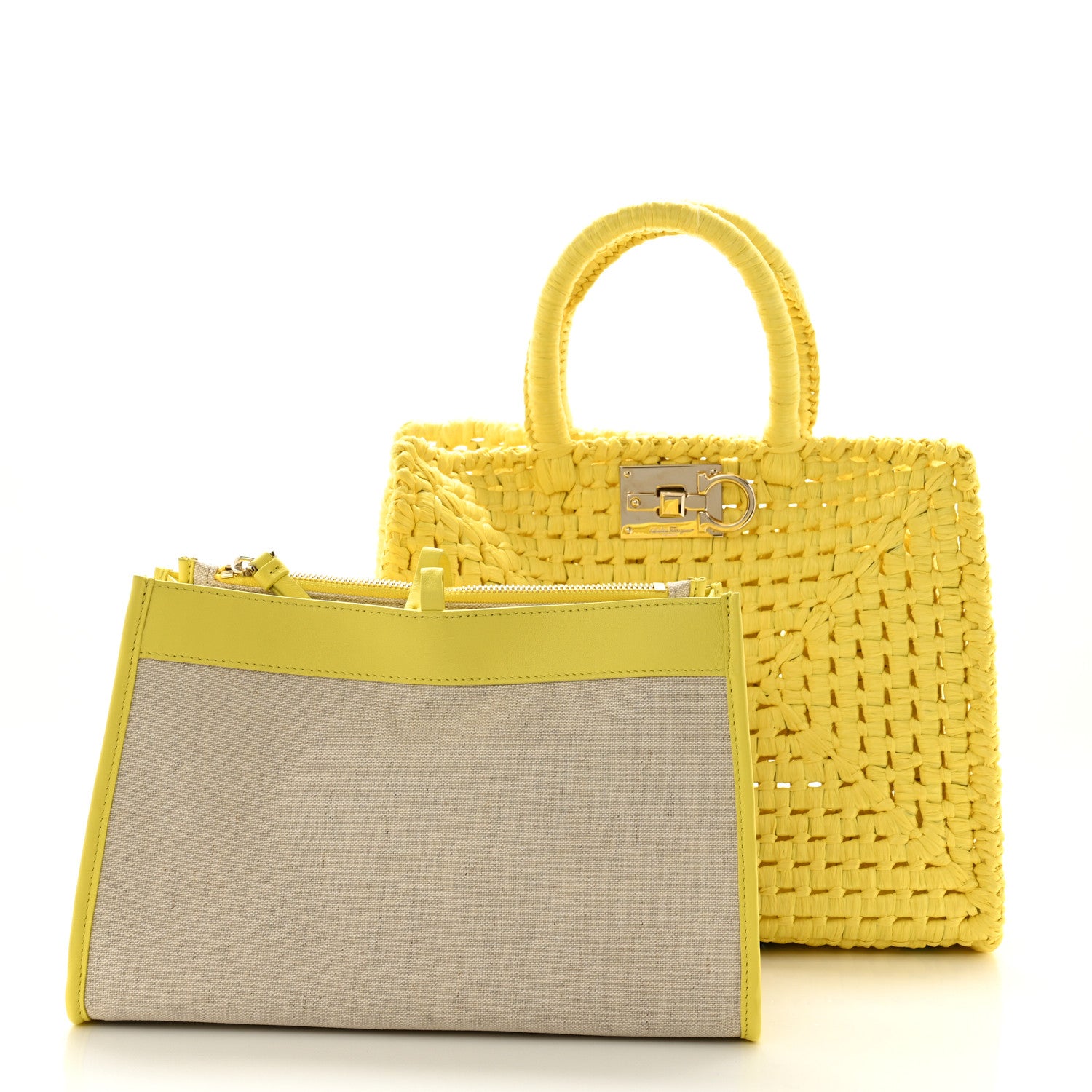 Salvatore Ferragamo Raffia The Studio Box Tote Yellow 3 of 11