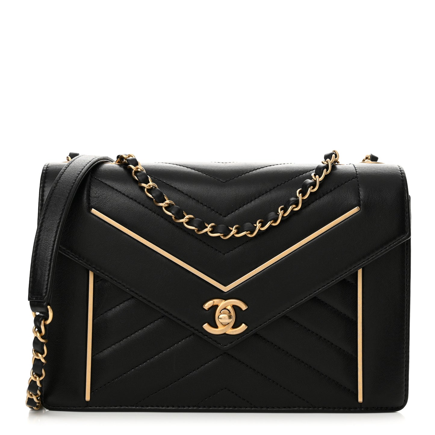 Lambskin Reversed Chevron Quilted Flap Black
