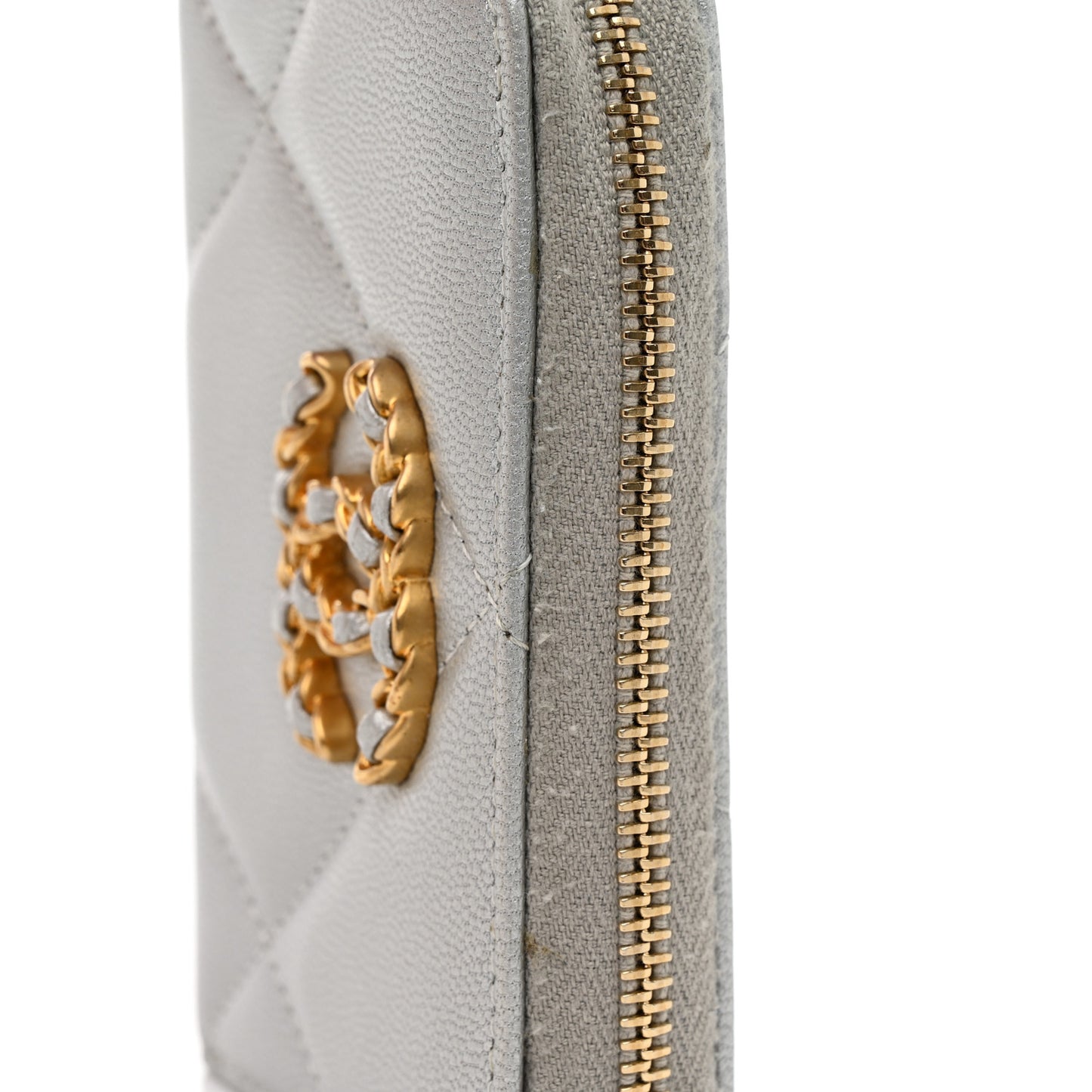 Metallic Lambskin Quilted 19 Zip Around Coin Purse Wallet Silver