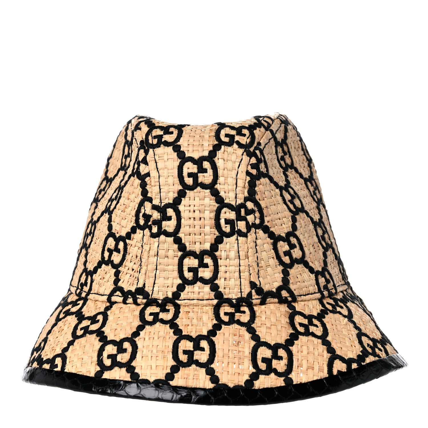 Gucci Raffia Elaphe Interlocking GG Embroidered Fedora Hat L Ivory Black 3 of 7