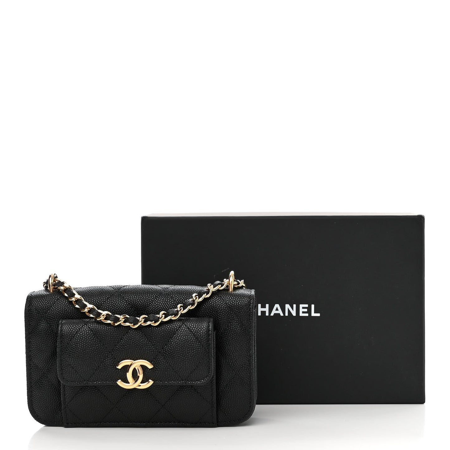 Caviar Quilted Pocket Twins Clutch With Chain Black