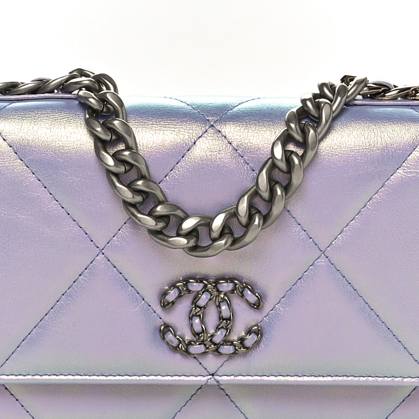 Iridescent Calfskin Quilted Chanel 19 Wallet On Chain WOC Light Purple