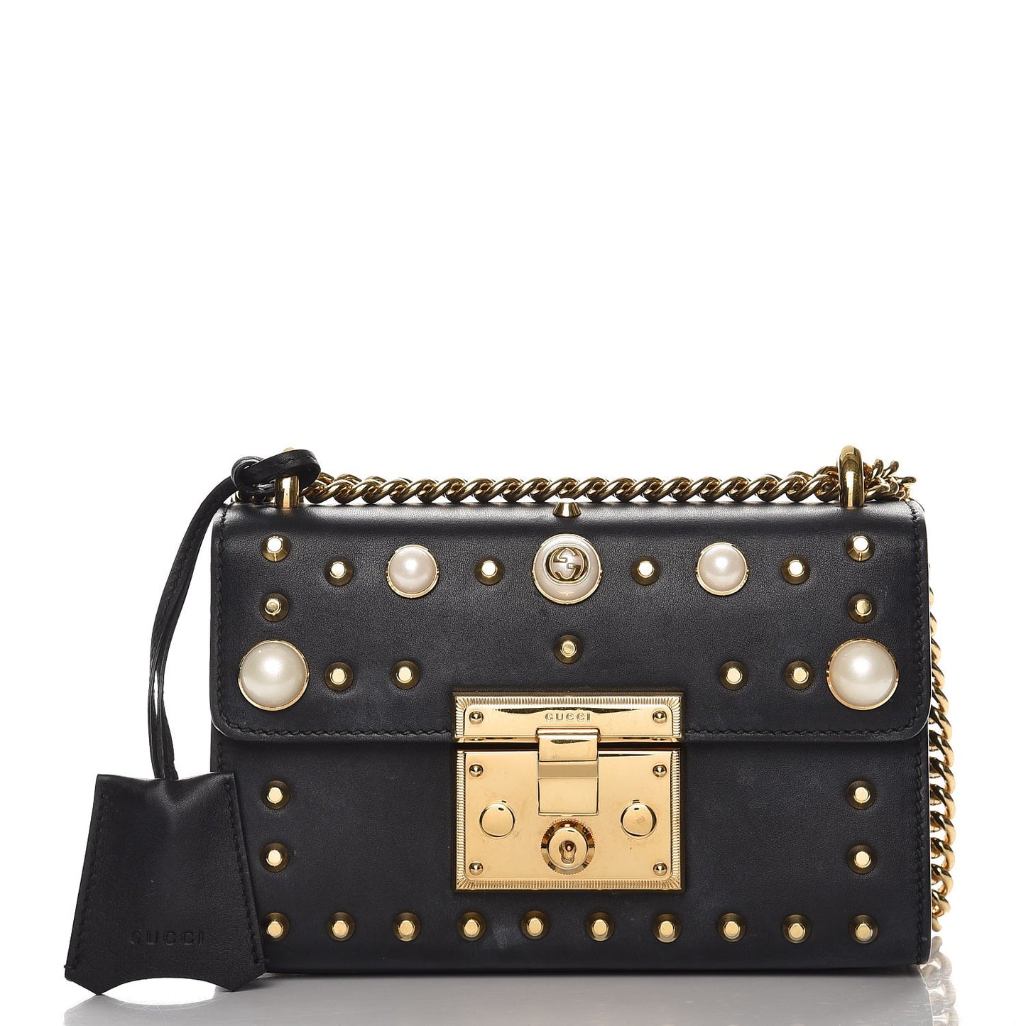 Calfskin Studded Small Padlock Shoulder Bag Black