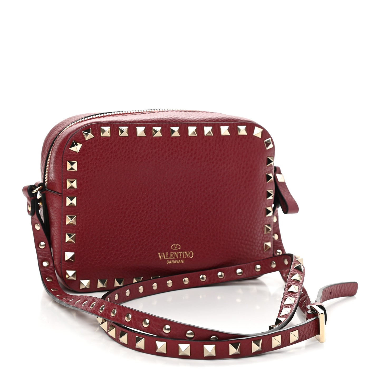 Pebbled Calfskin Rockstud Camera Crossbody Bag Rubino