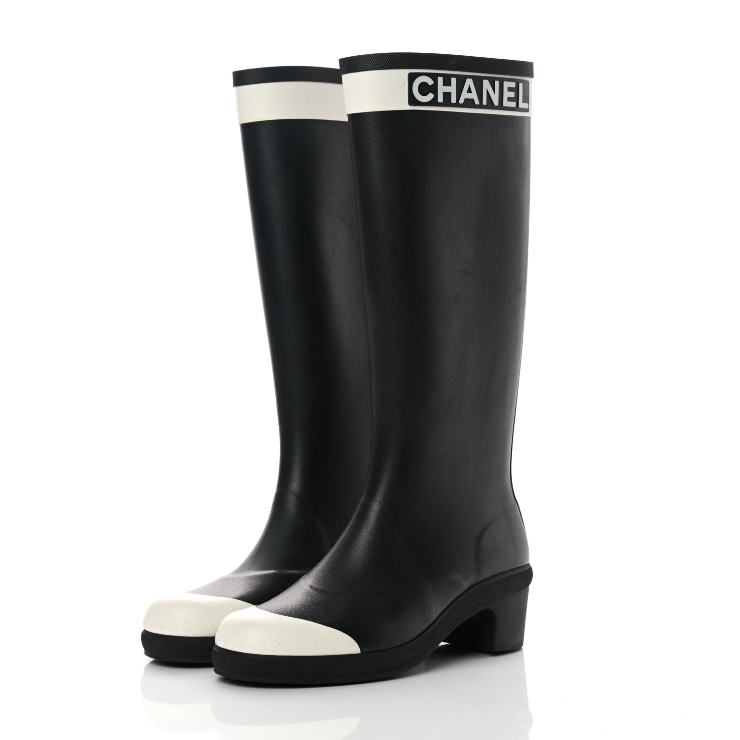Chanel Rubber Logo Rain Boots 40 Black White 3 of 13