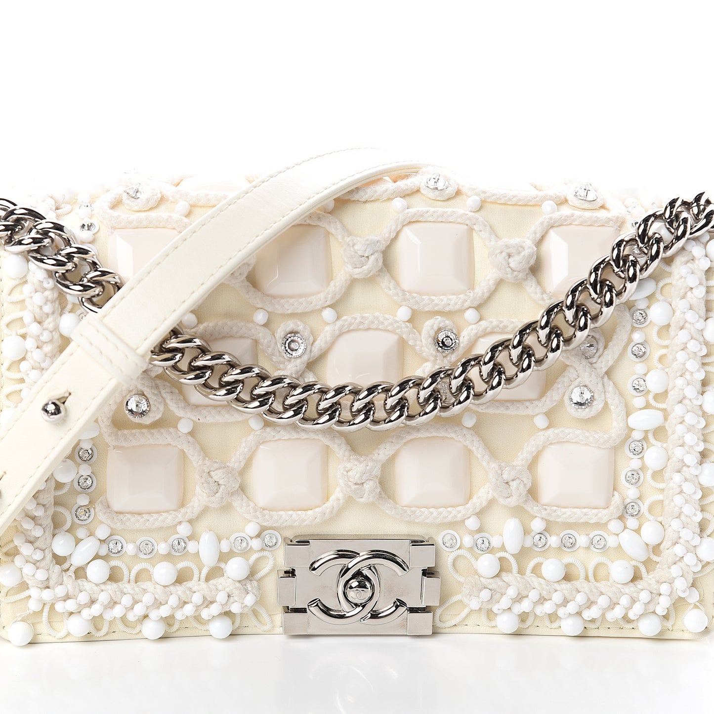 Lambskin Crystal Beads Embellished Medium Boy Flap White