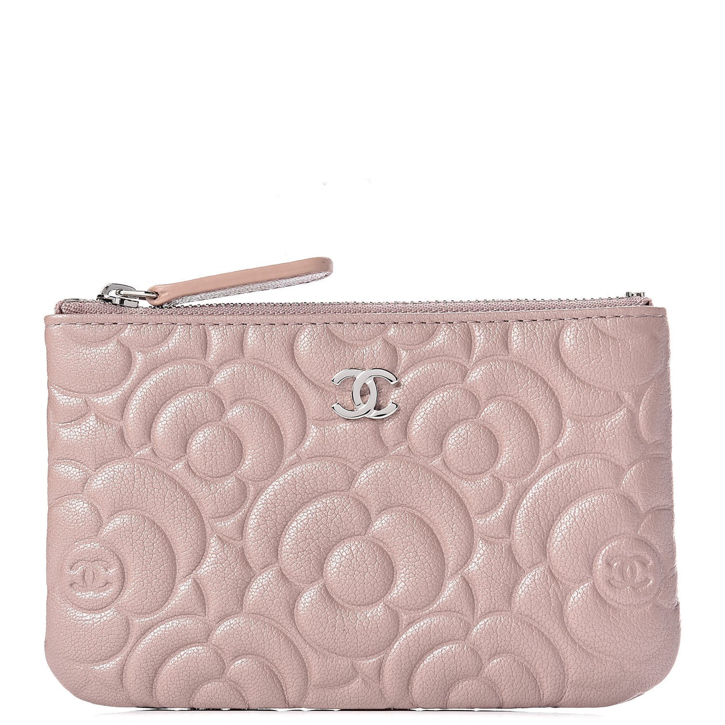 Goatskin Camellia Embossed Cosmetic Pouch Light Pink