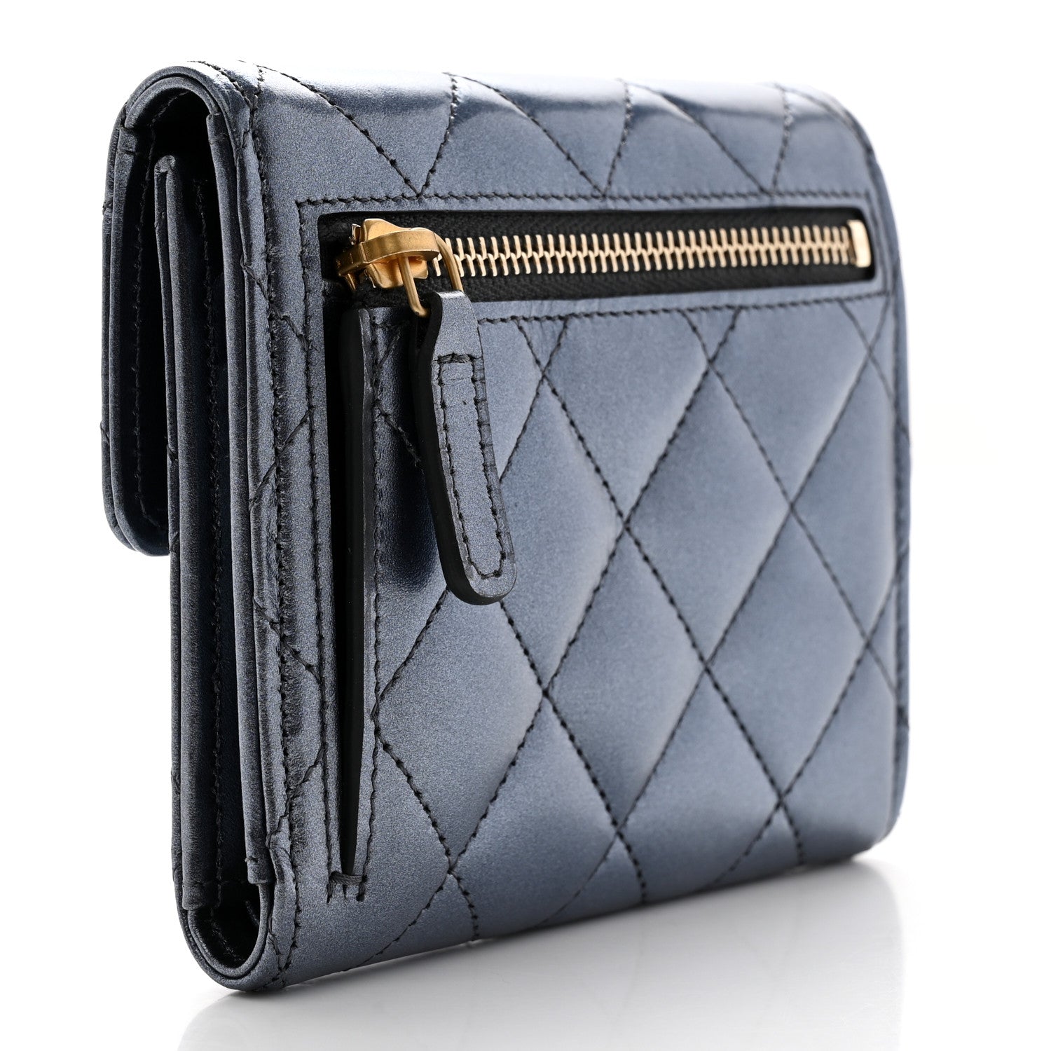 Chanel Iridescent Lambskin Quilted Compact Flap Wallet Navy 3 of 9